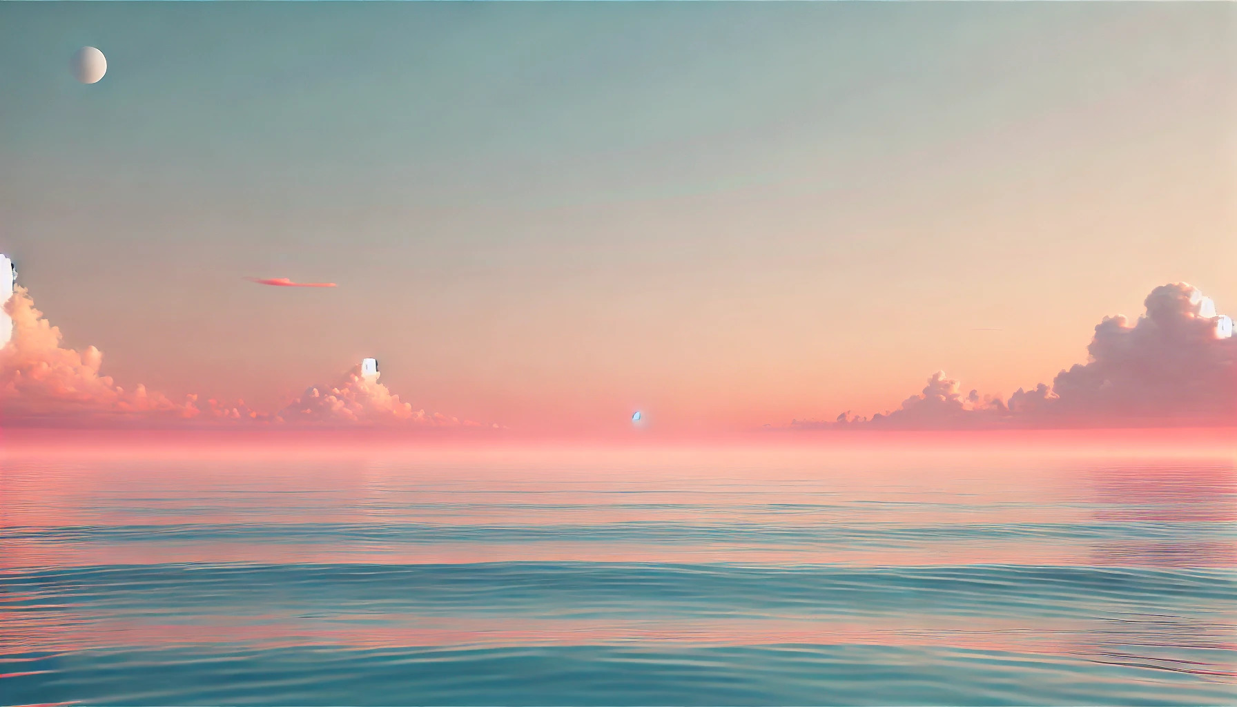 DALL·E 2024 07 14 23.55.08   A minimalist landscape featuring a calm ocean at sunset, with soft pastel colors and a clear horizon. The sky is a gradient of pink and orange, with a